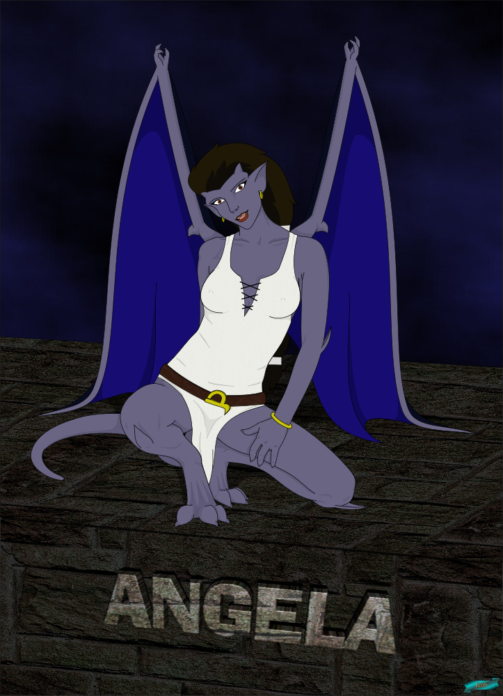 angela_(gargoyles) big_breasts breasts disney fab3716 female gargoyles monster_girl purple_skin solo tail wings