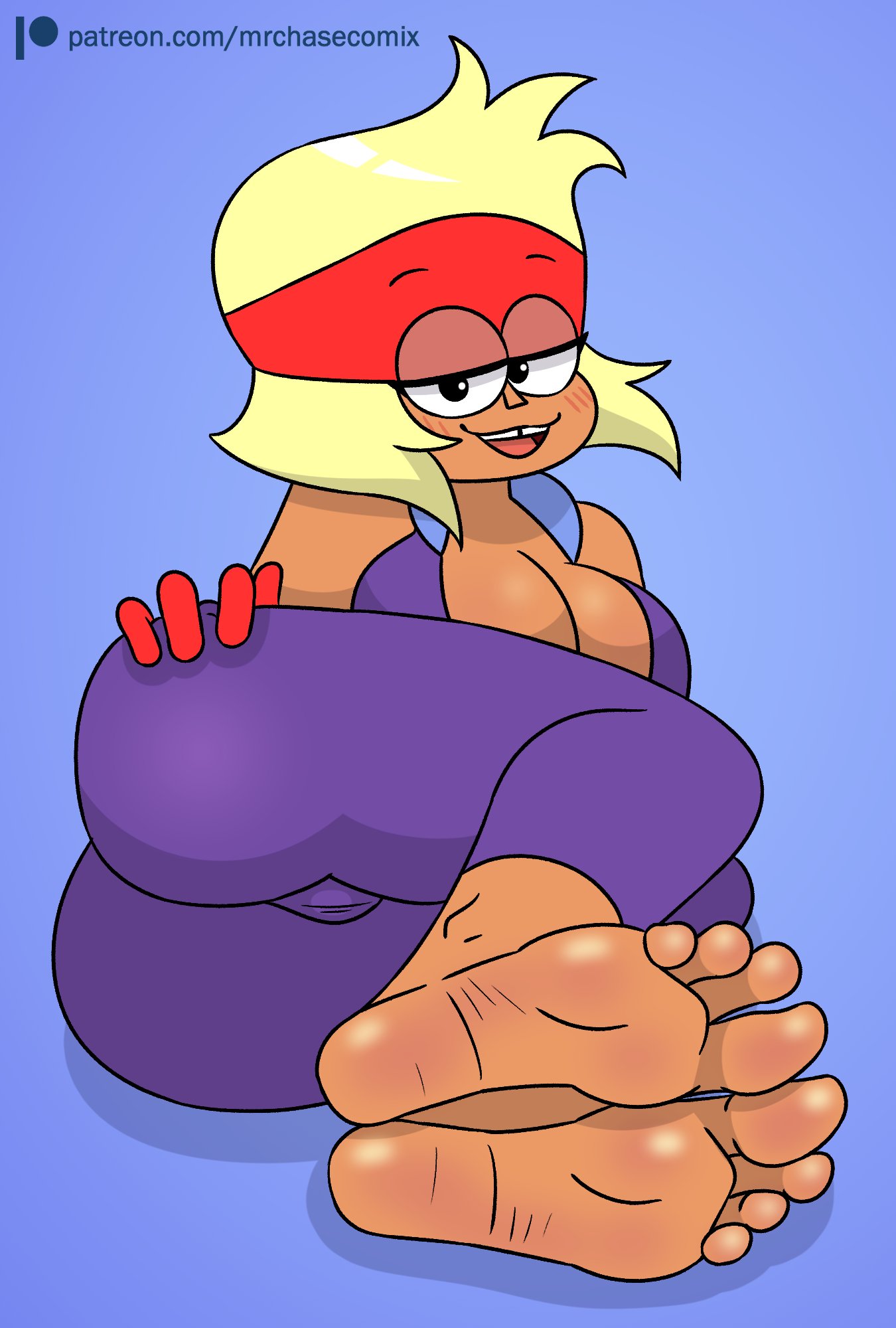 1girl ass barefoot blonde_hair carol_kincaid cartoon_network cleavage eyes_half_open female_only foot_fetish foot_focus jumpsuit mr._chase_comix ok_k.o.!_let's_be_heroes open_mouth red_gloves red_headband soles toes