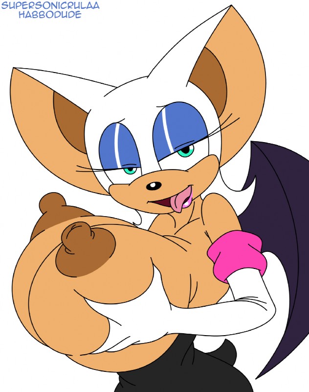 2014 anthro areola bat big_breasts breasts erect_nipples female furry habbodude huge_breasts looking_at_viewer mammal nipples rouge_the_bat sega smile solo sonic_(series) supersonicrulaa topless wings