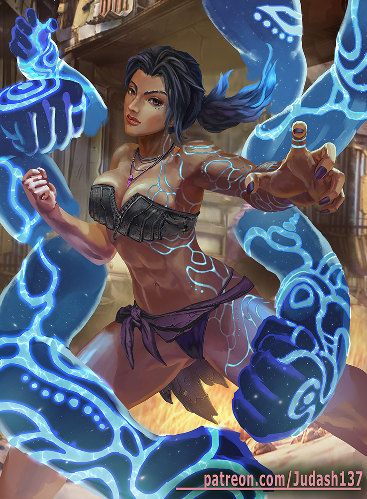 1_girl 1girl abs amara_(borderlands) armpits arms_up bare_arms bare_shoulders big_breasts bikini black_hair borderlands borderlands_3 breasts choker cleavage clenched_hands closed_mouth collarbone dark_skin earrings fantasy fighting_stance jewelry judash137 long_hair looking_at_viewer magic midriff nails navel necklace non-nude ponytail purple purple_eyes siren_(borderlands) smile standing swimsuit tattoo thighs toned very_long_hair waist