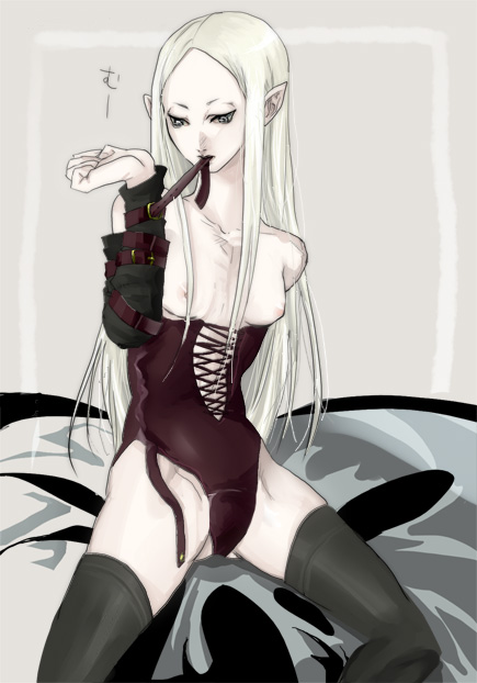 1girl amputee breasts claymore clenched_hand corset irene long_hair mouth_hold nipples pale_skin pointy_ears silver_eyes silver_hair sitting solo spread_legs thighhighs topless undressing