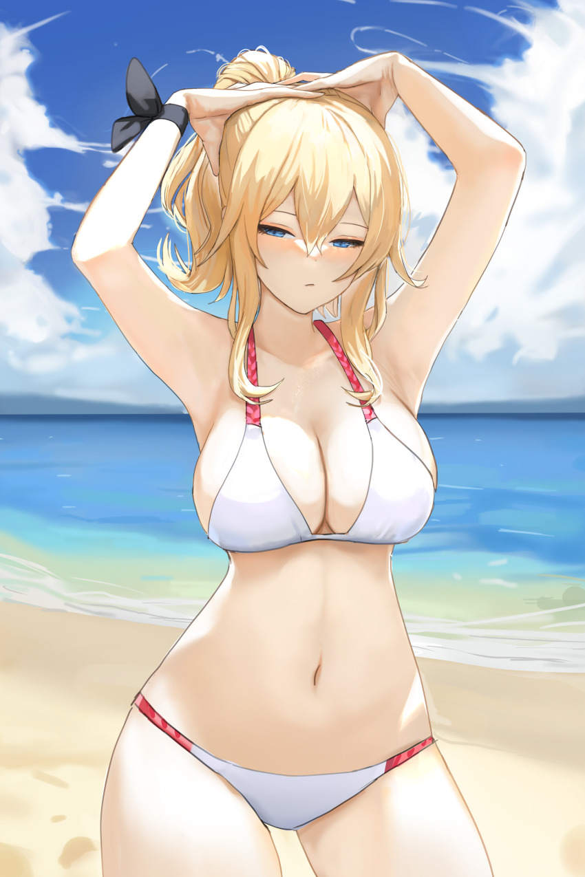 1girl 1girl :/ absurd_res alluring armpits arms_up beach big_breasts bikini blonde_hair blue_eyes blue_sky breasts cleavage closed_mouth cloud cowboy_shot day dolri genshin_impact half-closed_eyes hands_on_own_head high_res jean_gunnhildr navel ocean outside ponytail ribbon sidelocks sky stomach swimsuit thighs white_bikini wide_hips wrist_ribbon