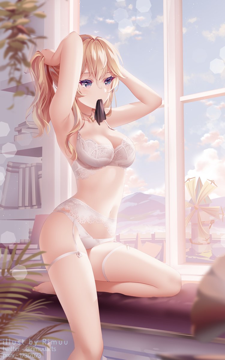 1girl 1girl alluring armpits arms_up bare_arms bare_shoulders big_breasts bra breasts bunching_hair garter_belt genshin_impact hair_tie_in_mouth high_res indoors jean_gunnhildr lingerie long_hair looking_away mouth_hold navel panties ponytail rimuu stomach thigh_strap thighs underwear underwear_only white_bra white_panties window