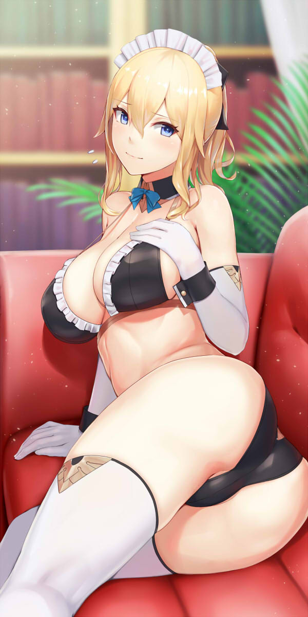 1girl 1girl alluring alternate_costume ass bangs bare_shoulders big_breasts bikini black_bikini blonde_hair blue_bow blue_bowtie blue_eyes blurry blurry_background blush bow bowtie breasts cleavage closed_mouth couch duplicate elbow_gloves enmaided genshin_impact gloves high_res indoors jean_gunnhildr kageshio_(276006) looking_at_viewer lying maid maid_bikini maid_headdress on_side pixel-perfect_duplicate plant smile stockings swimsuit thighs white_gloves white_headwear white_thighhighs