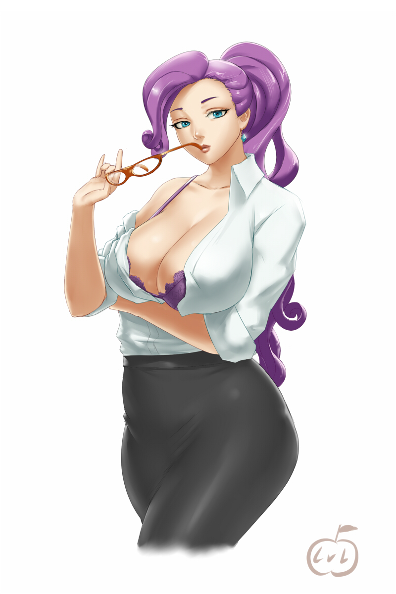 1girl blue_eyes bra breast_hold breasts cleavage cropped_legs friendship_is_magic glasses glasses_removed highres huge_breasts humanized large_breasts lips long_hair looking_at_viewer lvl_(artist) mouth_hold my_little_pony off_shoulder open_clothes open_shirt purple_bra purple_hair rarity shirt solo teacher underwear