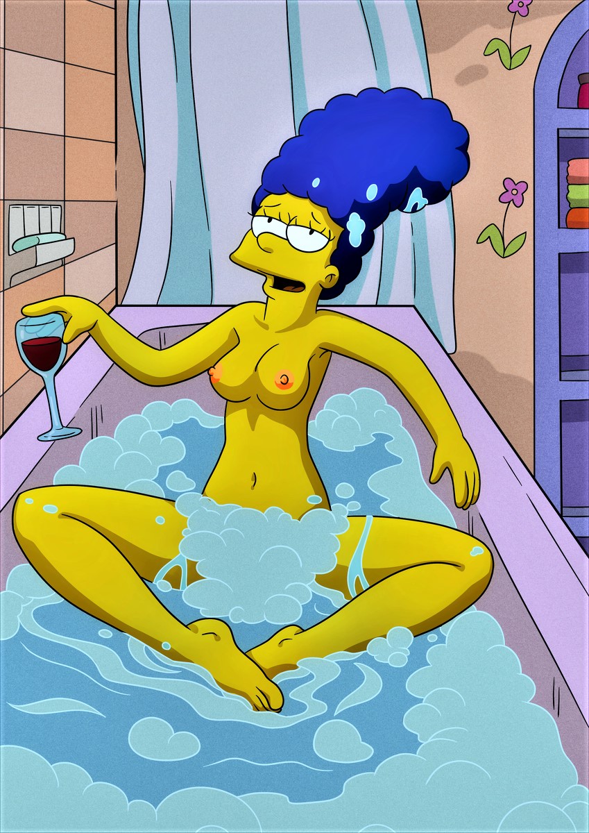 bath blue_hair breasts drunk erect_nipples marge_simpson milf soap_bubbles the_simpsons thighs wine wine_glass yellow_skin