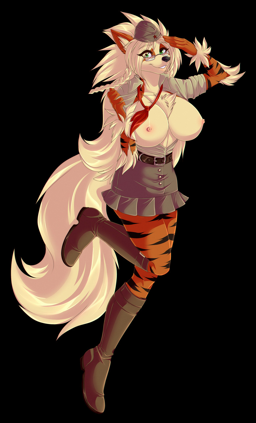 1girl absurd_res alpha_channel anthro arcanine ariveil big_breasts breasts clothed clothing eyewear female_only fluffy_hair fluffy_tail fur furry glasses green_eyes hair hat headgear headwear high_res huge_breasts nintendo nipples open_mouth open_smile orange_body orange_fur partially_clothed pok&eacute;mon pok&eacute;mon_(species) pokemon smile solo_female teeth video_games white_body white_fur white_hair