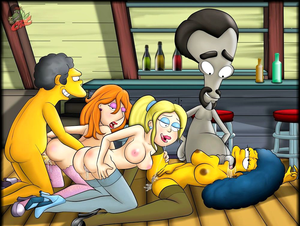 american_dad blonde_hair blue_hair croc_(artist) family_guy francine_smith group_sex lois_griffin marge_simpson milf roger_(american_dad) the_simpsons yellow_skin