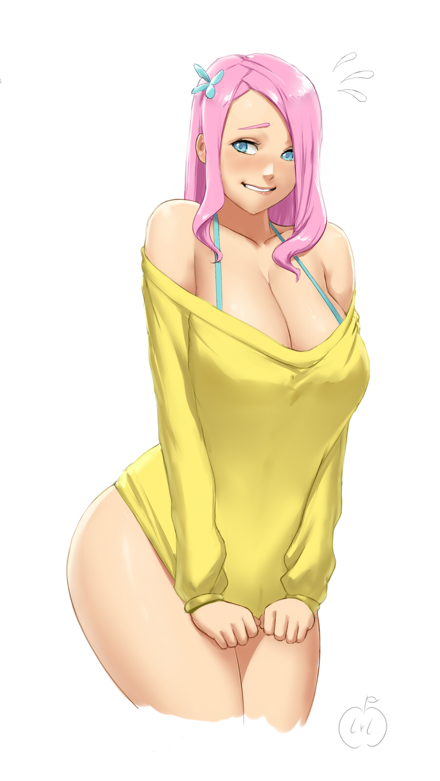1girl ass bare_shoulders biting blue_eyes blush bra_strap breasts cleavage cropped_legs female fluttershy flying_sweatdrops friendship_is_magic highres humanized large_breasts lip_biting long_hair looking_at_viewer lvl_(artist) my_little_pony off_shoulder pink_hair shy solo sweatdrop sweater