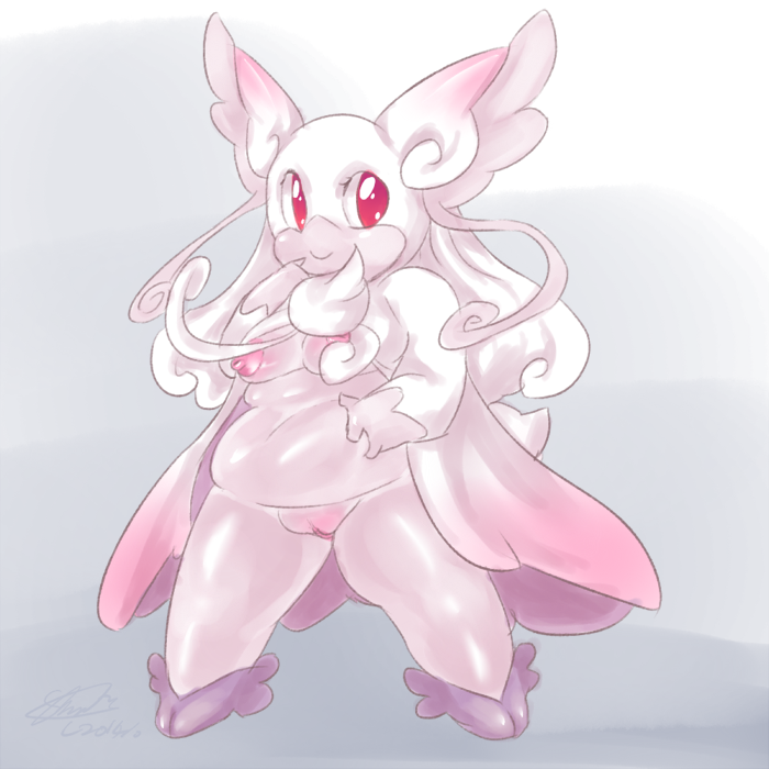 2014 audino big_ears breasts chubby female looking_at_viewer mega_audino mega_evolution nintendo nude pokemon pussy red_eyes soina solo standing video_games