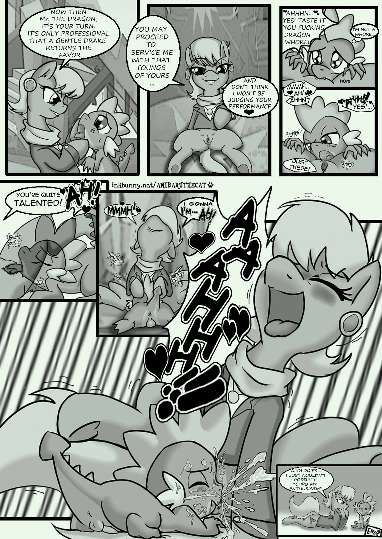 bottomless comic friendship_is_magic licking miss_harshwhinny monochrome my_little_pony pussy spike_(mlp) squirting tongue