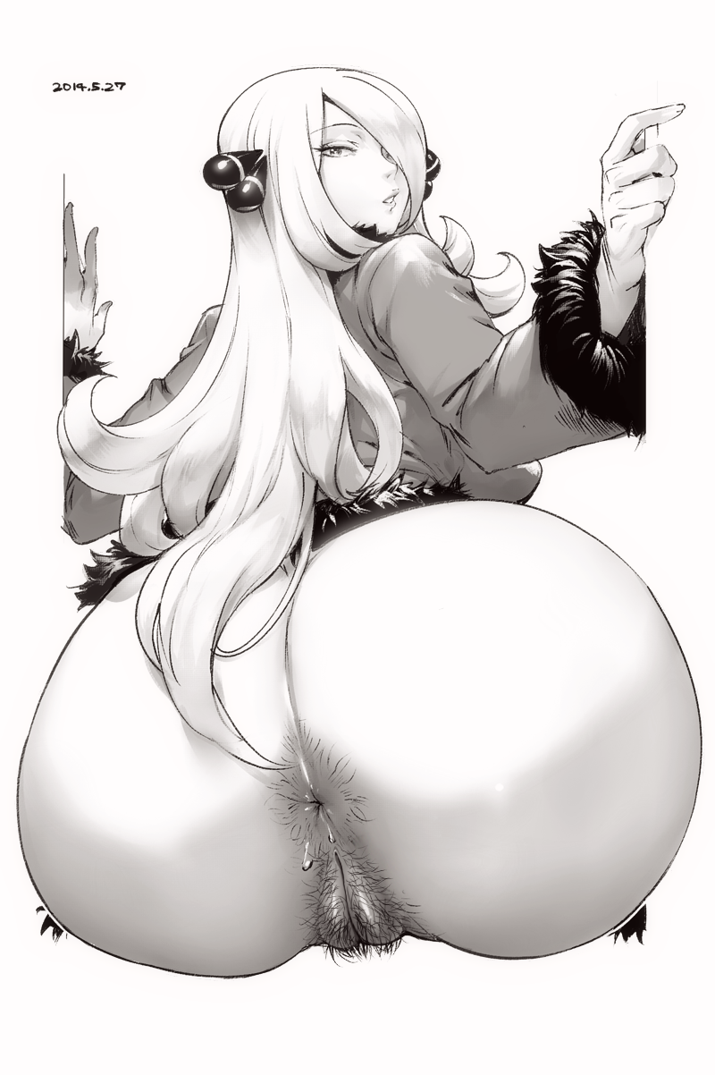 1girl anal_hair anus ass back blonde_hair bottomless creatures_(company) curvy cynthia_(pokemon) decensored from_behind game_freak hair hair_over_one_eye hairy_pussy highres huge_ass huge_breasts humans_of_pokemon jacket lips long_hair looking_at_viewer looking_back monochrome nintendo orushibu photoshop plump pokemon pokemon_(anime) pokemon_black_2_&amp;_white_2 pokemon_black_and_white pokemon_bw pokemon_bw2 pokemon_diamond_pearl_&amp;_platinum pokemon_dppt pubic_hair pussy shirona_(pokemon) uncensored wide_hips