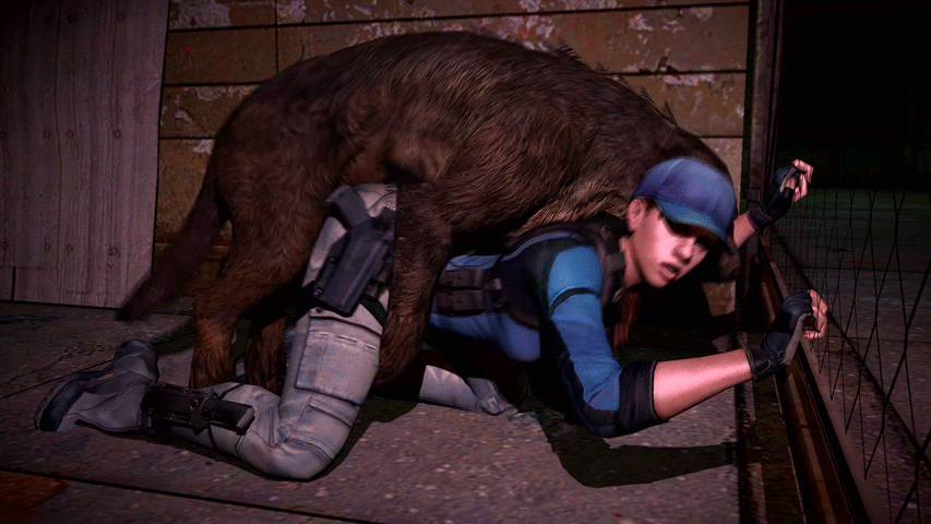 1girl 3d animated animated_gif beastiality bent_over brown_hair capcom clothed_sex denim dog doggystyle fingerless_gloves gif gloves gun hat jeans jill_valentine knife noname55 pants ponytail resident_evil sex vaginal weapon