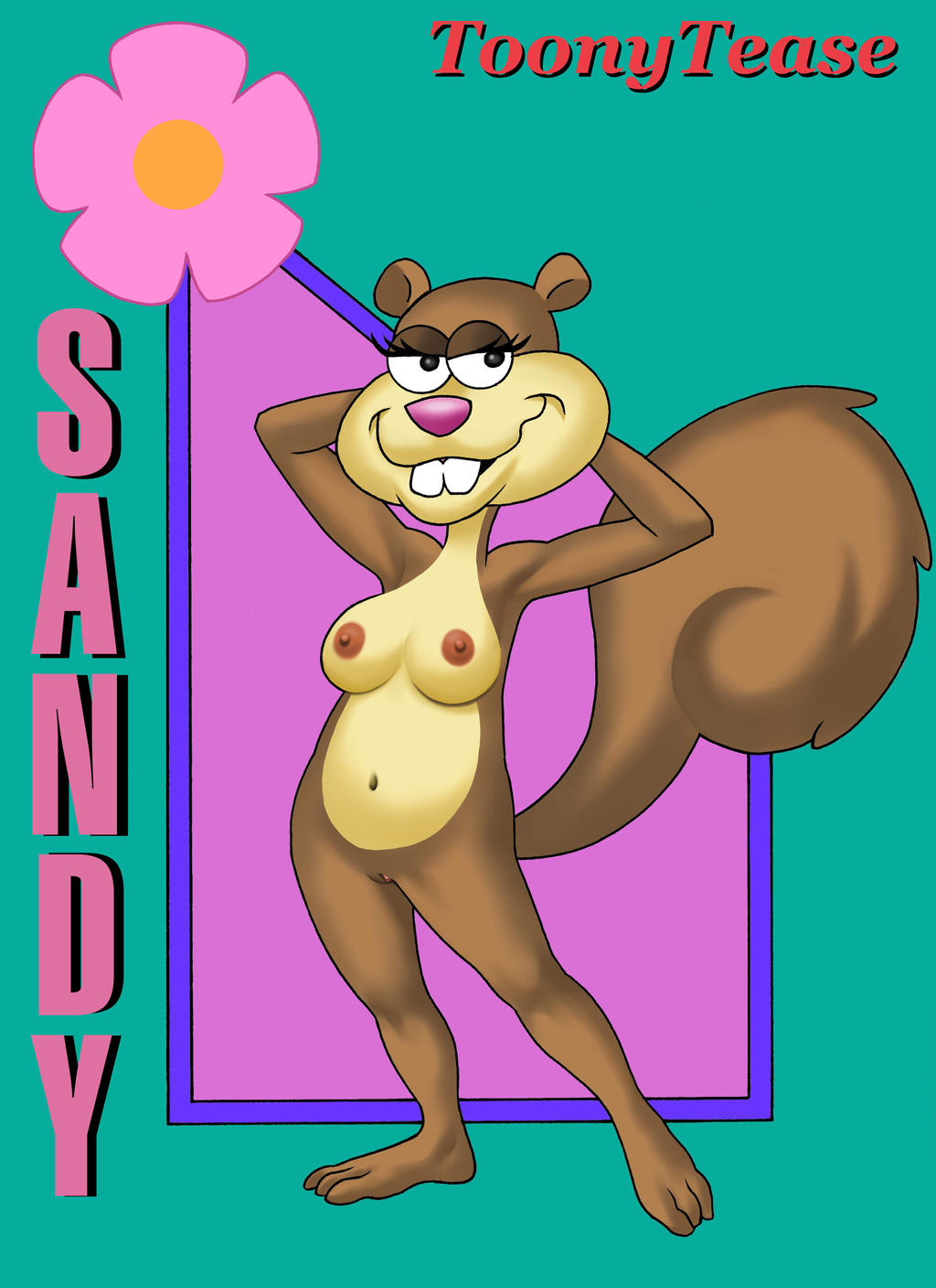 1girl 1girl 2015 armpits arms_up babe barefoot big_breasts black_eyes blue_background breasts cute english_text eyelashes feet female_only flower furry furry_female hips legs navel nickelodeon nude pink_nose pussy sandy_cheeks smile spongebob_squarepants squirrel squirrel_tail teeth text toes toonytease