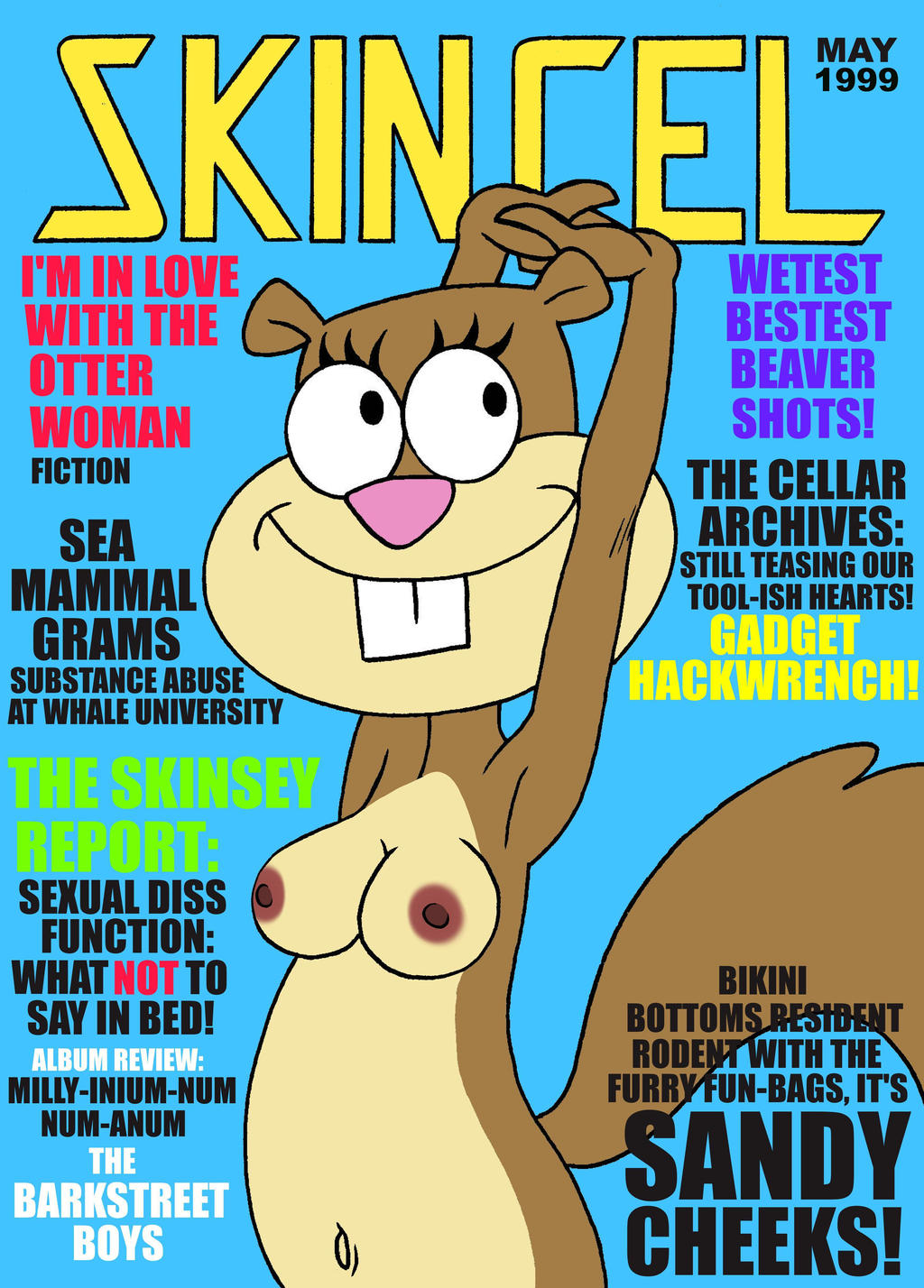 1girl 1girl 2023 armpits arms_up black_eyes blue_background breasts closed_mouth english_text eyelashes female_only furry furry_female furry_only grin magazine magazine_cover navel nickelodeon nipples open_eyes pink_nipples pink_nose sandy_cheeks skincel spongebob_squarepants squirrel squirrel_tail text toonytease