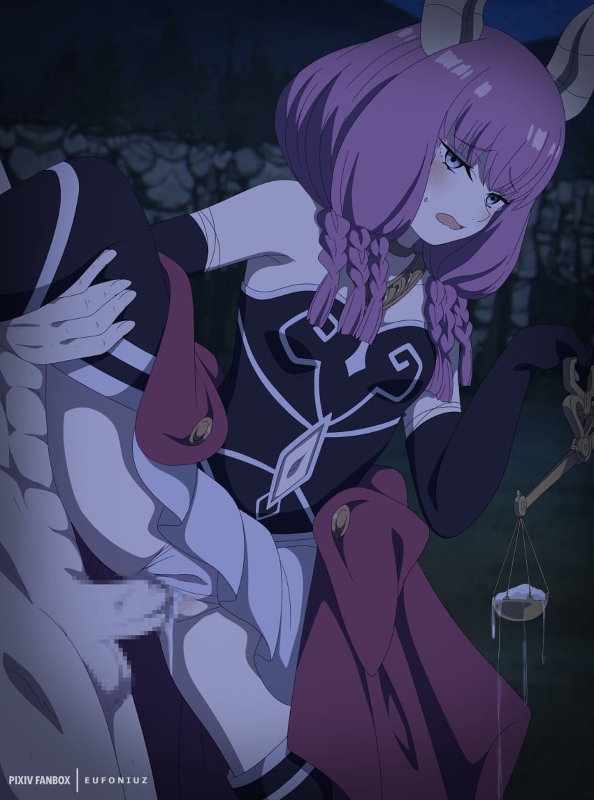 1boy 1girl absurd_res aura_(sousou_no_frieren) black_gloves braid censored cleavage clothing_cutout cum cum_in_pussy cum_inside demon_girl demon_horns elbow_gloves eufoniuz gloves high_res horns jewelry leg_lift long_hair mosaic_censoring navel_cutout penis purple_hair pussy sex sousou_no_frieren standing standing_sex straight vaginal_penetration weighing_scale