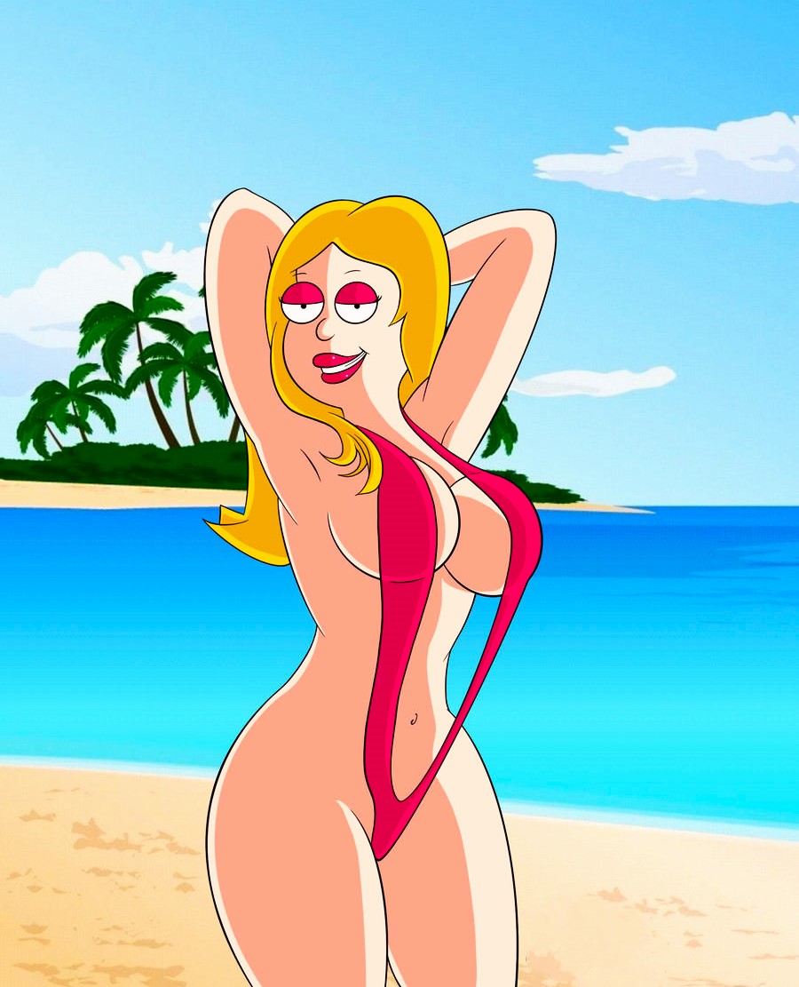 american_dad ass big_breasts blonde_hair francine_smith micro_swinsuit red_eyeshadow red_lipstick shaved_pussy thighs
