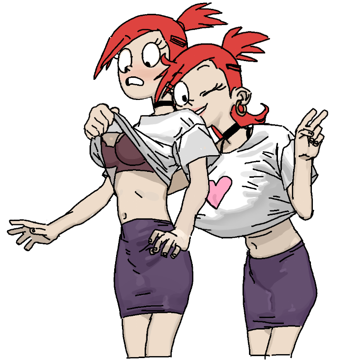 2_girls big_breasts bra clone earrings foster's_home_for_imaginary_friends frankie_foster imaginary_frankie red_hair shirt_lift surprised wink zippers82496822