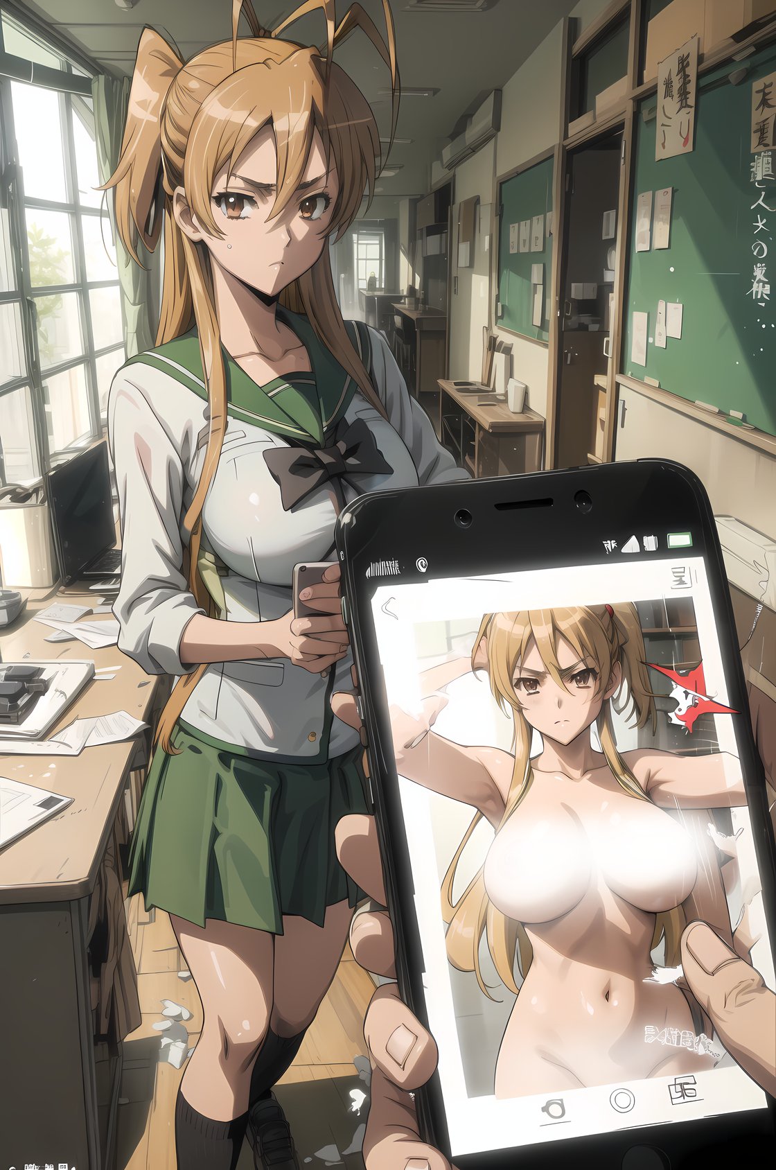 1girl ai_generated cellphone censored curvy highschool_of_the_dead navel nude nude rei_miyamoto school_uniform stable_diffusion
