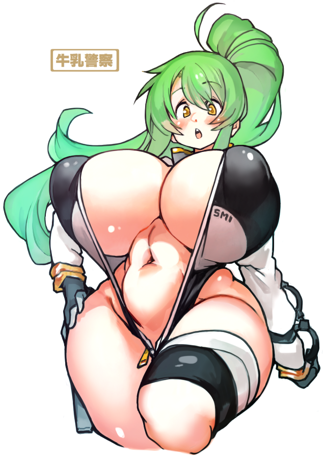 1girl breasts english_text female_focus female_only functionally_nude green_hair huge_breasts leotard long_hair navel open_clothes open_leotard open_mouth original police police_uniform policewoman ponytail sachito simple_background solo standing sumi-chan_(sachito) thick_thighs thighs uniform wide_hips