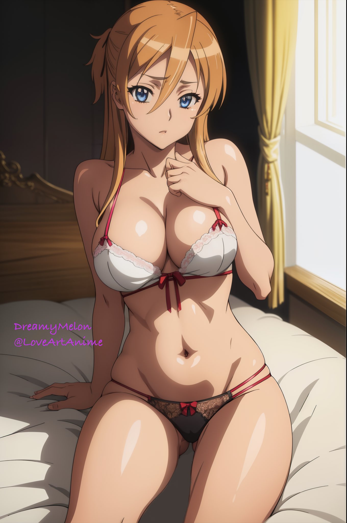 1girl ai_generated alluring bed big_breasts cleavage curvy dreamymelon highschool_of_the_dead lingerie milf rei_miyamoto stable_diffusion