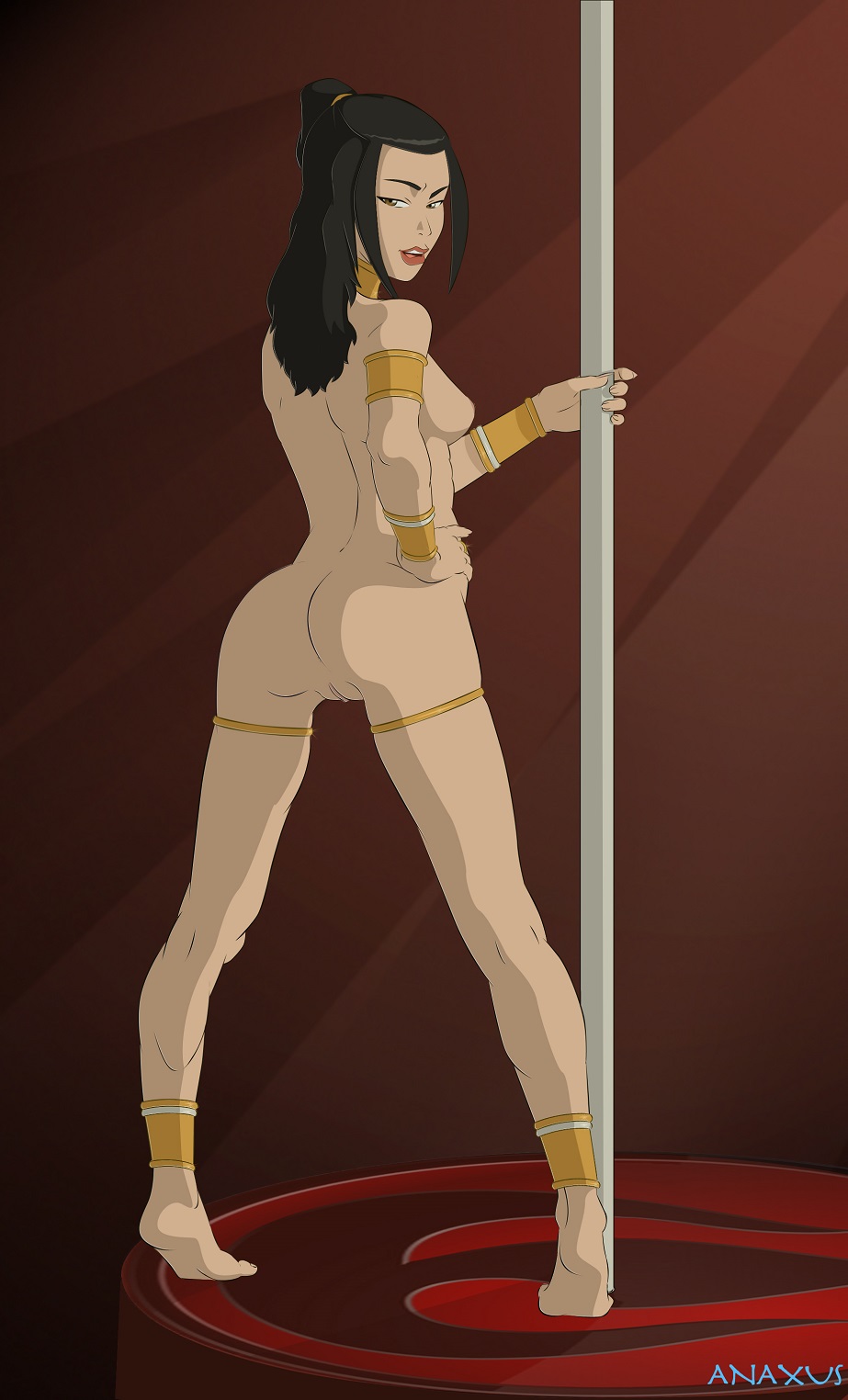 1girl anaxus ass avatar:_the_last_airbender azula breasts brown_eyes brown_hair fingernails from_behind hair_up long_hair nude pussy sideboob smile solo stripper_pole thighs