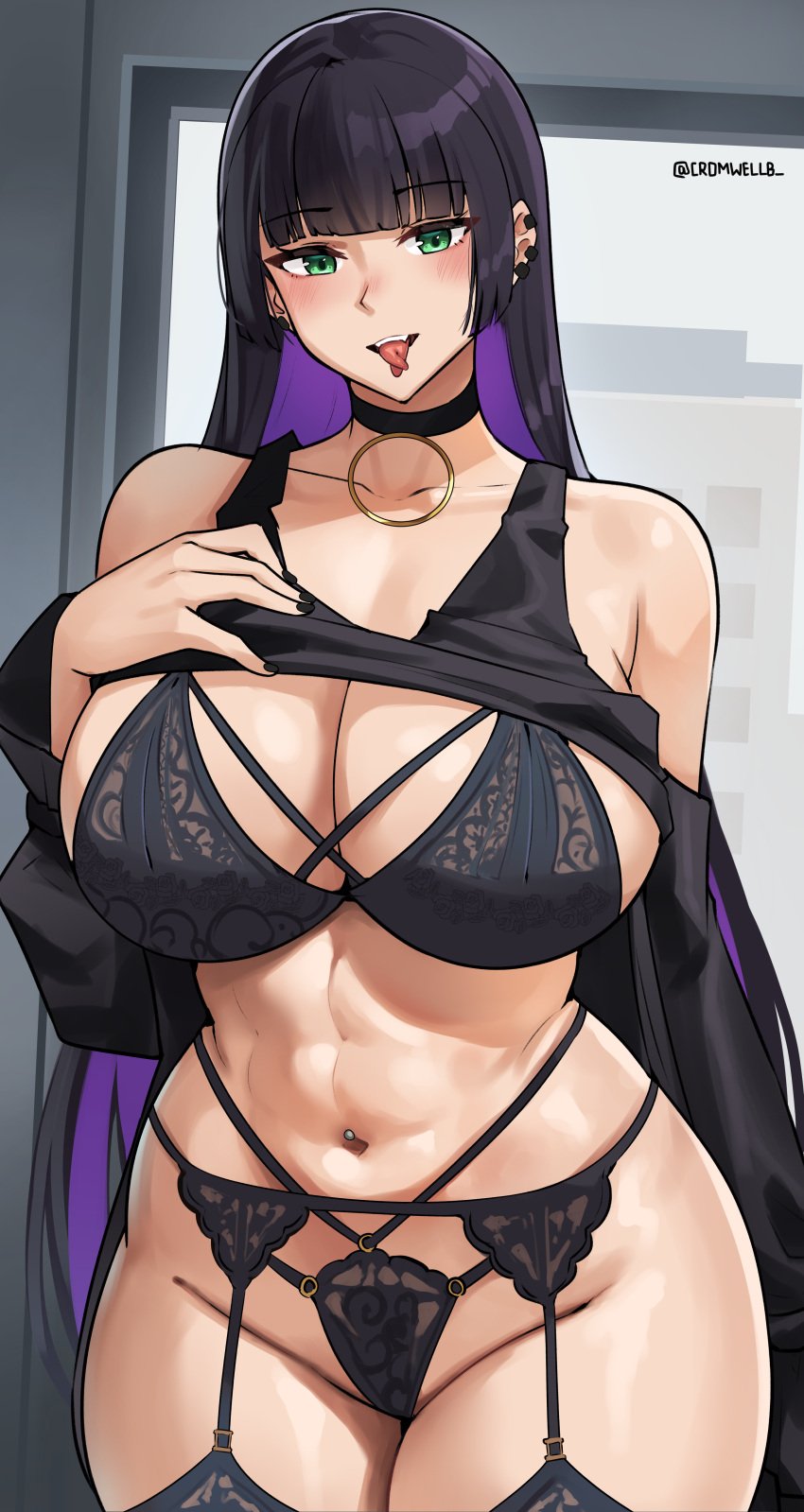 1girl abs absurd_res big_breasts bocchi_the_rock! bra breasts cromwellb female_only forked_tongue green_eyes high_res huge_breasts light-skinned_female light_skin lingerie long_hair naughty_face navel pa-san panties purple_hair solo_female split_tongue thick_thighs tongue tongue_out wide_hips