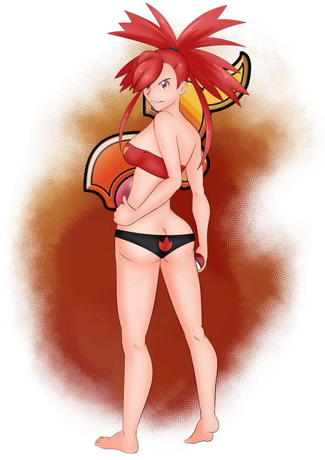 1girl ass asuna_(pokemon) breasts dante_redstone flannery gym_leader looking_at_viewer midriff panties pokemon red_eyes red_hair