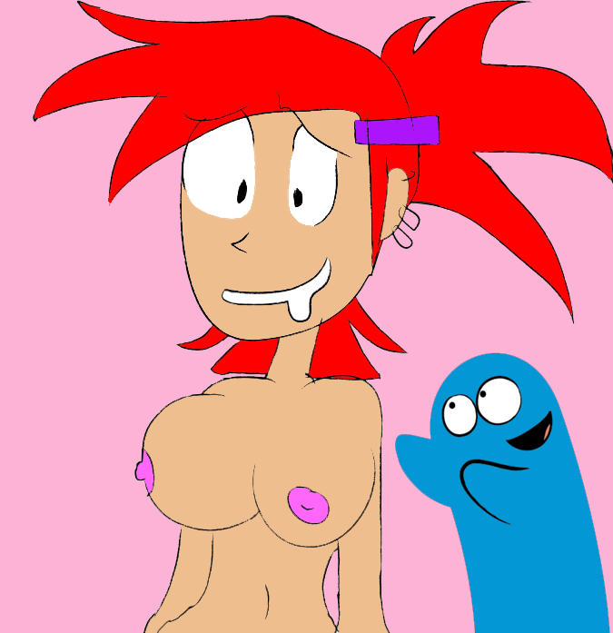 1boy 1girl 2024 big_breasts black_eyes bloo blooregard blue_skin breasts cartoon_network colored earrings foster's_home_for_imaginary_friends frankie_foster grin imaginary_friend looking_at_viewer male navel older older_female open_mouth pink_background pink_nipples red_hair simple_cartoon smile smiling_at_viewer young_adult young_adult_female young_adult_woman
