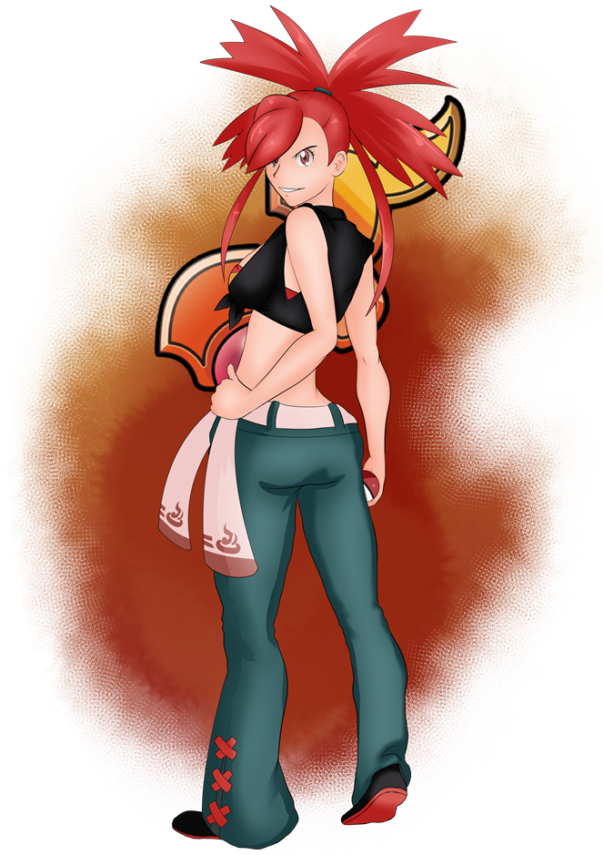 1girl ass asuna_(pokemon) breasts dante_redstone flannery gym_leader looking_at_viewer midriff pokemon red_eyes red_hair solo