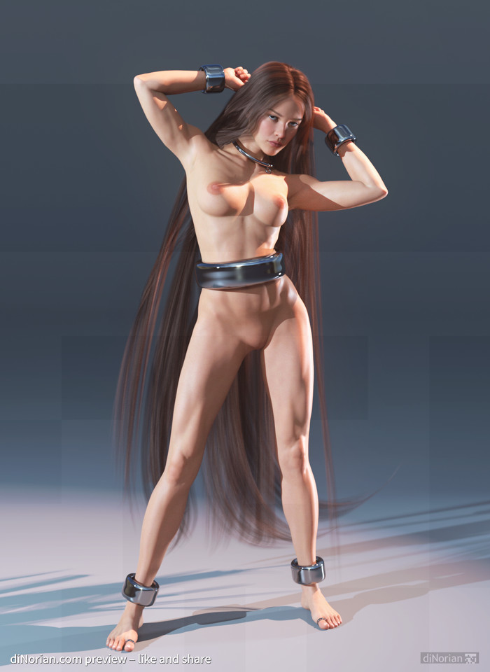1girl 3d collar collared dinorian female_only long_hair nude slave slavegirl submissive_female