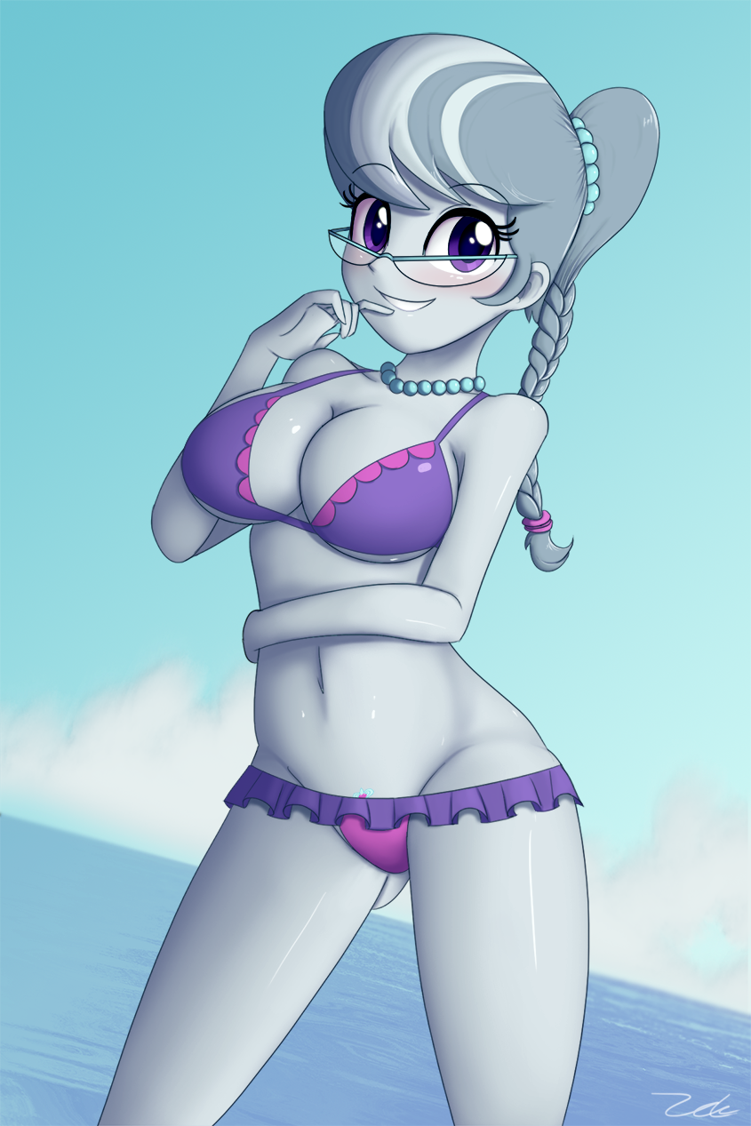 1girl breasts female female_only friendship_is_magic glasses humanized looking_at_viewer mostly_nude my_little_pony outdoor outside silver_spoon silver_spoon_(mlp) solo standing swimsuit zelc-face