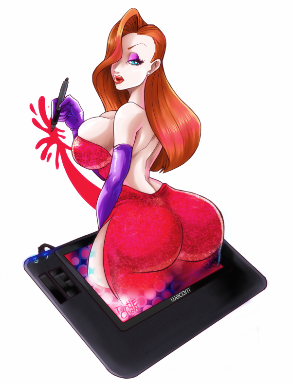 backless_dress big_ass big_breasts breasts disney gloves green_eyes hair jessica_rabbit red_hair tablet turtlechan white_background who_framed_roger_rabbit