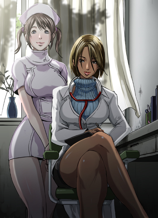 2_girls 2girls big_breasts breasts brown_hair butcha-u chair clipboard dark_skin doctor eroquis eye_contact female hat high_res inran_shinsatsushitsu koyanagi_ai large_breasts legs_crossed lips looking_at_another looking_at_viewer makeup mature medical multiple_girls naughty_face nurse nurse_cap pantyhose pen pencil_skirt pink_lips short_hair short_twintails sitting skirt smile stethoscope sugimoto_shouko sweater thick thick_thighs thighs turtleneck twin_tails twintails umemaro