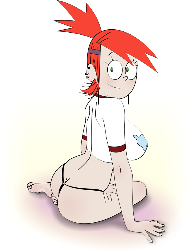 ass big_breasts black_panties breasts ear_rings female foster's_home_for_imaginary_friends frankie_foster freckles green_eyes looking_back panties ponytail red_hair smile solo thong