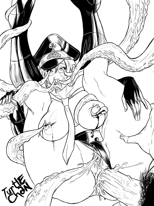anal big_breasts breasts hat headgear lineart monochrome nipples pussy tentacle tentacle_rape tongue turtlechan