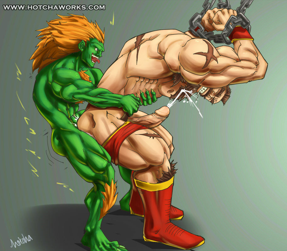 2boys anal bara blanka bondage bound cum gay hotcha human male male_only multiple_boys muscle partially_clothed penis street_fighter yaoi zangief