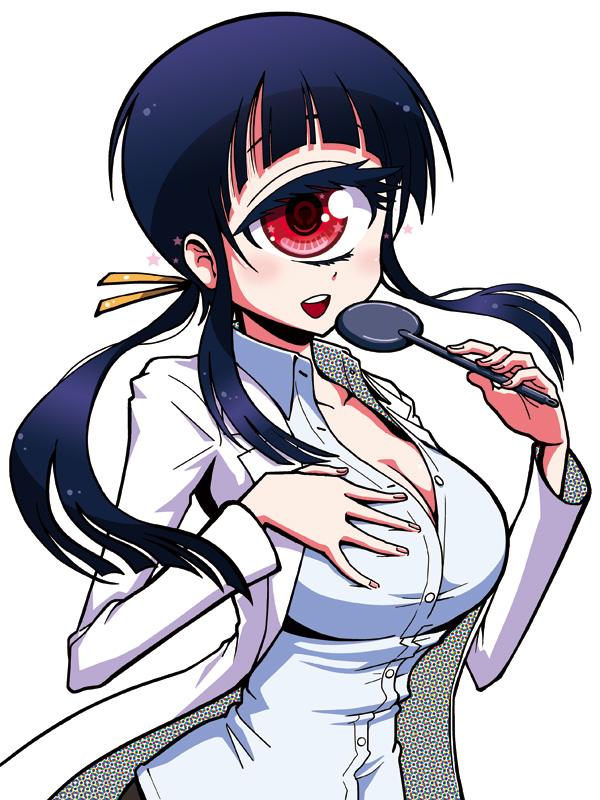 1girl big_breasts black_hair breasts cleavage cyclops hand_on_own_chest hitomi_(hitomi_sensei_no_hokenshitsu) hitomi_sensei_no_hokenshitsu labcoat large_breasts long_hair long_sleeves looking_at_viewer manaka_hitomi official_art one-eyed payot ponytail red_eyes school_nurse shake-o sidelocks simple_background solo white_background