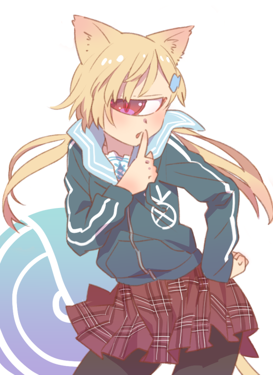 1girl animal_ears blonde_hair cat_ears cat_tail cowboy_shot cyclops finger_to_mouth flat_gaze hand_on_hip jacket long_hair miniskirt one-eyed original pantyhose pine pine-chan_ver._1 pleated_skirt red_eyes skirt solo tail track_jacket