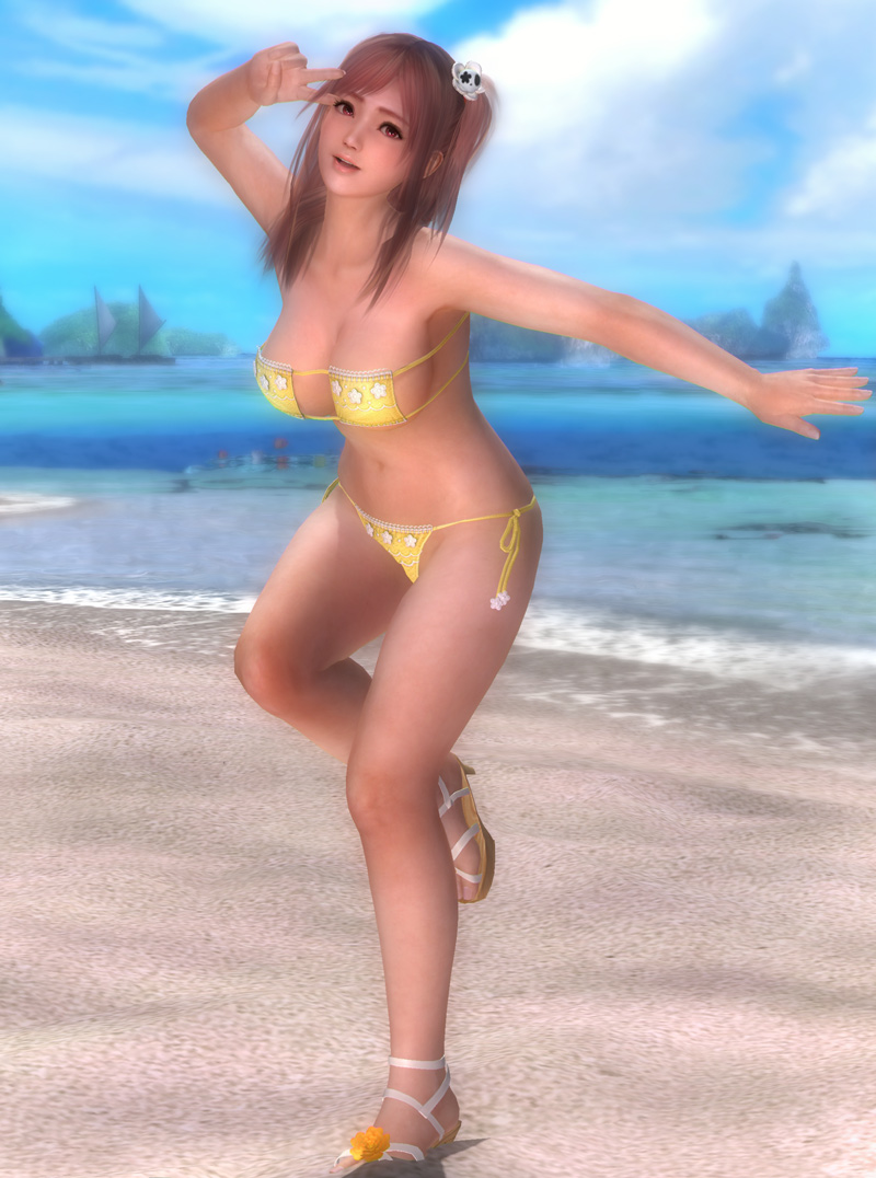 1_girl 1girl 3d alluring babe bare_legs bare_shoulders beach bikini breasts cleavage cleavage_cutout cloud dead_or_alive dead_or_alive_5 female hair_ornament head_tilt high_heels honoka_(doa) large_breasts legs lips long_hair looking_at_viewer midriff neck ocean open_mouth outdoors outside pink_hair red_eyes sand sandals screencap side-tie_bikini side_ponytail sky smile solo standing standing_on_one_leg strapless strapless_bikini strapless_swimsuit swimsuit team_ninja tecmo tubetop v water yellow_bikini yellow_swimsuit