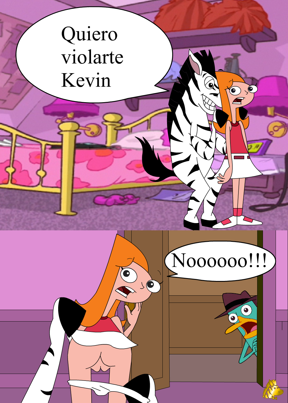 1female 1girl anthro anthro_equine ass assisted_exposure bedroom bent_over blue_eyes candace_flynn clothed equine female female_human hair hairless_pussy human imminent_rape indoors long_hair male male/female pantie_pull pedrozebra perry_the_platypus phineas_and_ferb pussy red_hair speech_bubble standing talking_zebra text undressing zebra