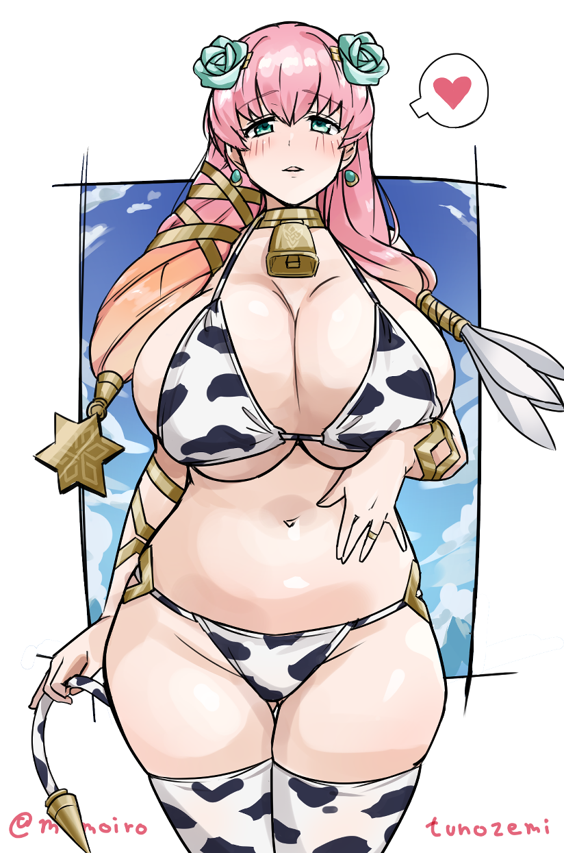 1girl 1girl 1girl alternate_costume animal_print artist_name bell bikini blonde_hair blue_flower blue_rose blush breasts cleavage commentary_request commission cow_print cow_tail earrings fake_tail female_only fire_emblem fire_emblem_heroes flower gradient_hair gunnthra_(fire_emblem) hair_flower hair_ornament heart high_res huge_breasts jewelry looking_at_viewer momoiro_tunozemi multicolored_hair navel neck_bell nintendo pink_hair rose skeb_commission stockings stomach swimsuit tail thighs twitter_username two-tone_hair under_boob