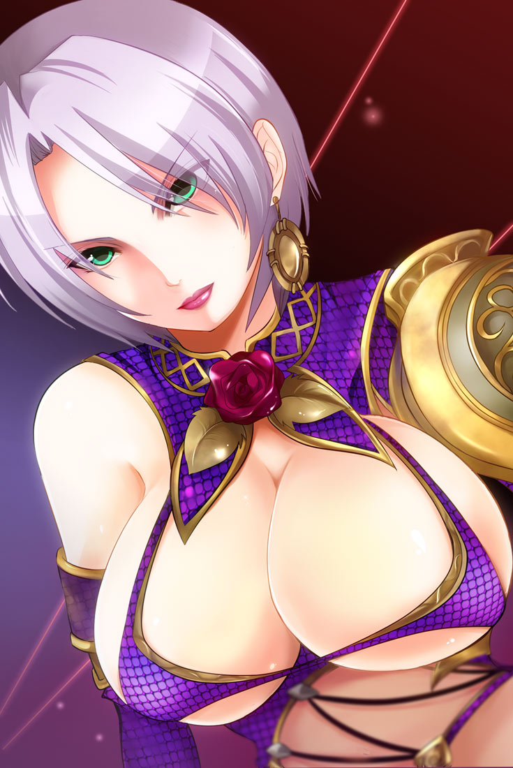 1girl armor breasts cleavage earrings elbow_gloves flower gloves green_eyes isabella_valentine jewelry large_breasts lipstick looking_at_viewer makeup red_rose revealing_clothes short_hair silver_hair soul_calibur soulcalibur_iv takamoto_akisa