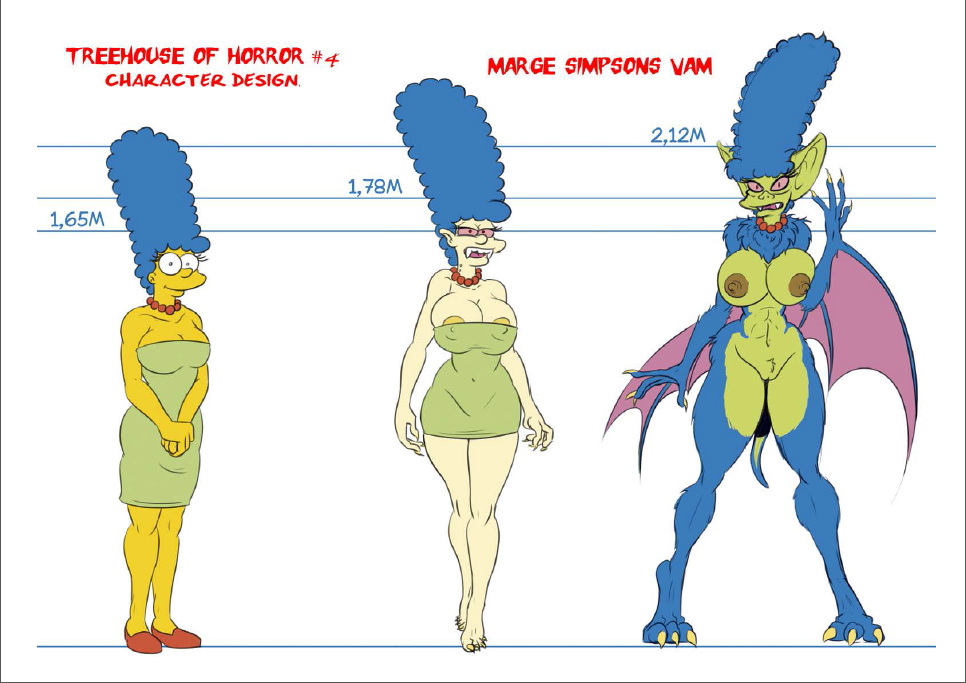big_breasts blue_hair breasts hair kogeikun marge_simpson monster nipples pussy red_eyes the_simpsons transformation vampire white_background yellow_skin