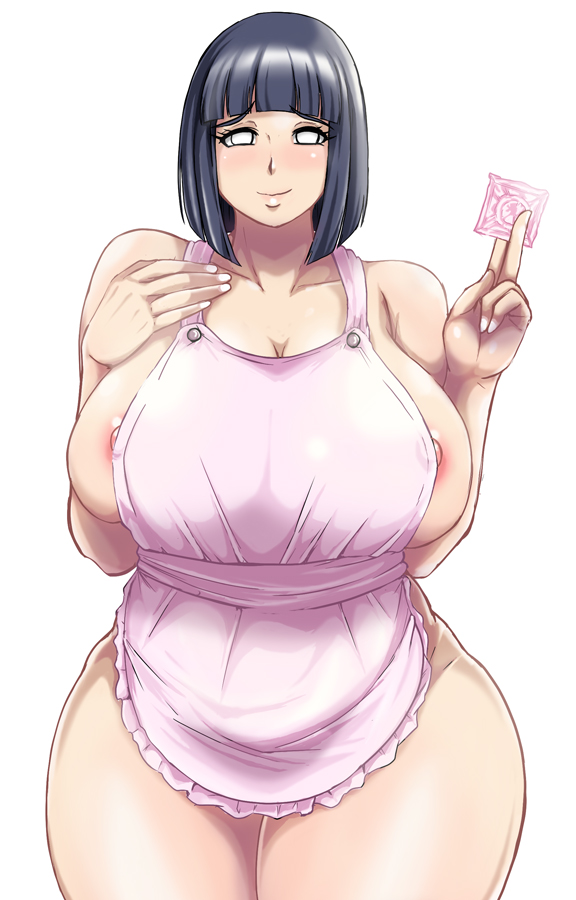 1girl anime_milf apron areola bare_shoulders before_sex big_breasts black_hair blush boruto:_naruto_next_generations breasts condom curvy female_focus female_only hime_cut hinata_hyuuga huge_breasts kitchen looking_at_viewer mature mature_female milf naked_apron naruto naruto_(series) nekuraneko nipple_slip nipples short_hair sideboob silver_eyes smile solo_female solo_focus thick_thighs voluptuous wide_hips