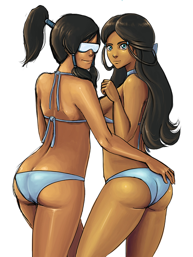 2_girls 2girls arms ass ass_grab avatar:_the_last_airbender babe back bare_back bare_legs bare_shoulders bikini black_hair blue_eyes breasts clenched_hand dark_skin female female_only goggles hand_on_ass katara korra kyoffie legs long_hair looking_at_viewer looking_back multiple_girls neck ponytail shiny shiny_hair shiny_skin sideboob simple_background smile standing swimsuit the_legend_of_korra the_legend_of_korra* time_paradox white_background yuri