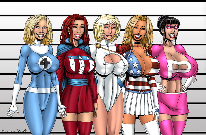 5girls big_breasts breasts crossover dc dc_comics deuce_(artist) fantastic_four female invisible_woman marvel power_girl sue_storm