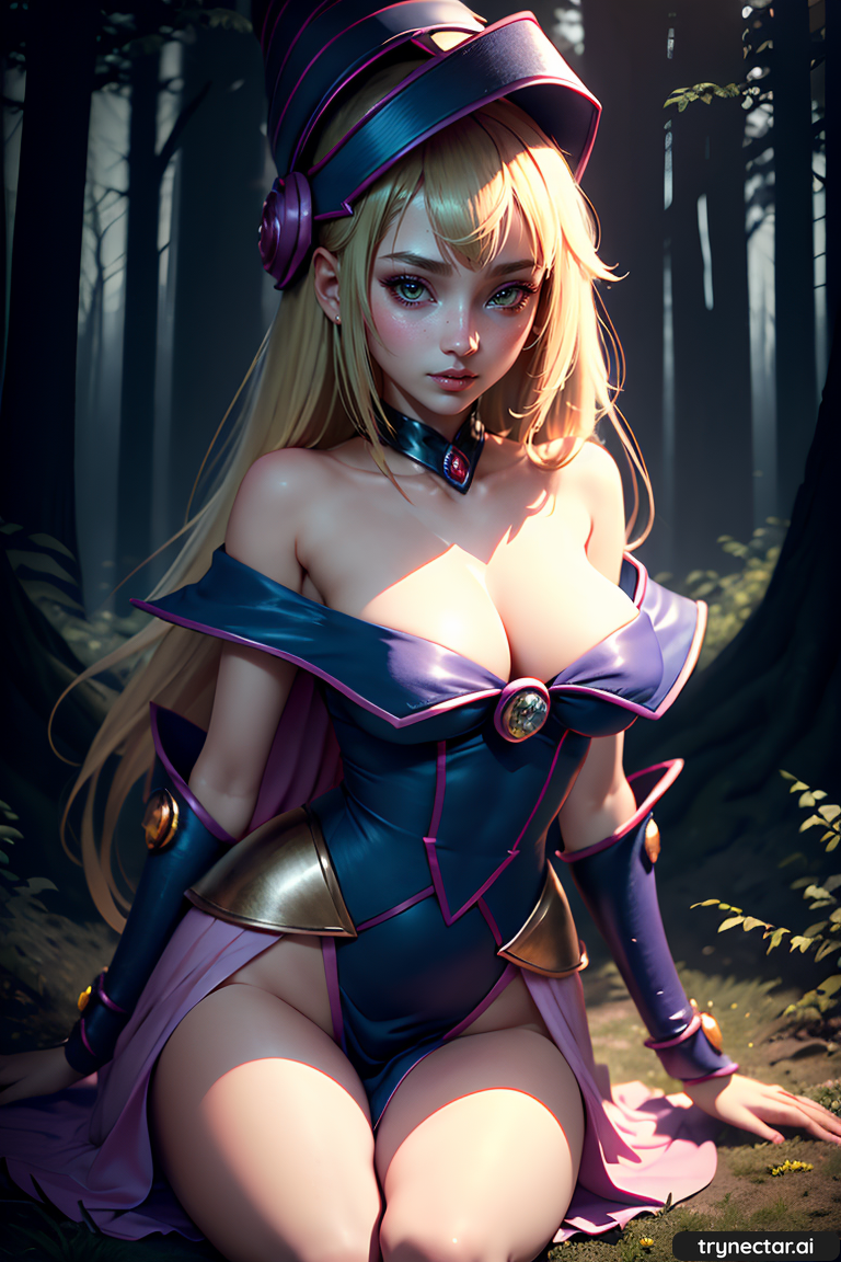 1girl ai_generated bare_shoulders blonde_hair breasts cleavage dark_magician_girl female_only long_hair trynectar.ai yu-gi-oh!