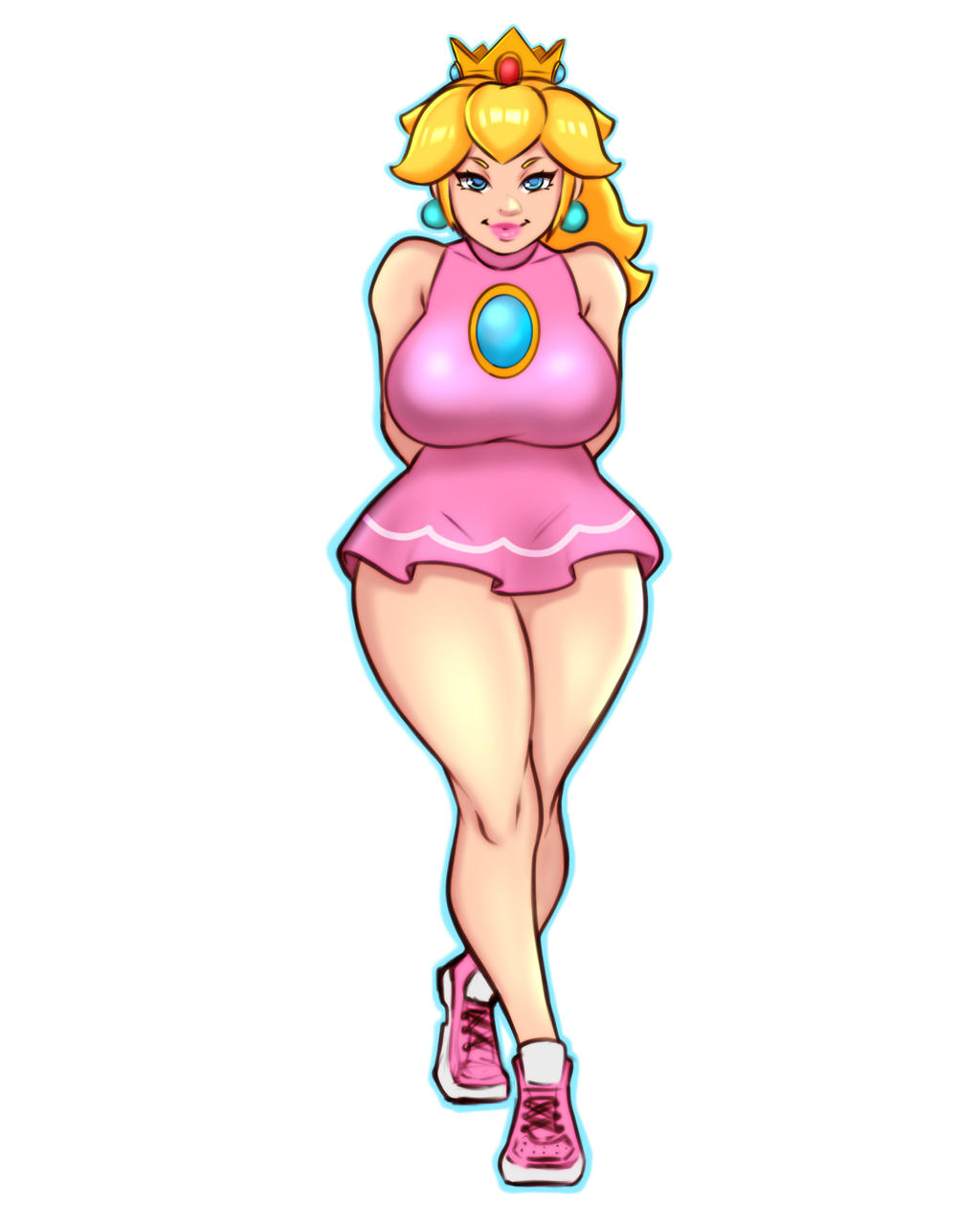 1girl arms_behind_back bare_shoulders big_breasts blonde_hair blue_eyes breasts crown dress earrings large_breasts legs long_hair minidress nintendo pink_dress pink_shoes princess_peach simple_background sleeveless sneakers super_mario_bros. thick_thighs thighs wide_hips