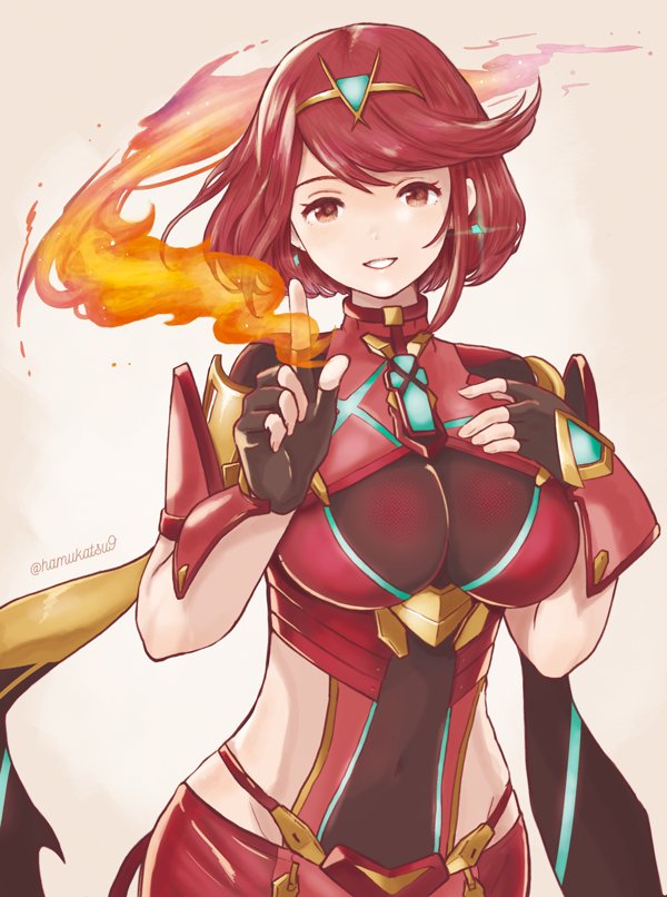 1girl armor bangs big_breasts breasts cleavage earrings fingerless_gloves fire gloves hair_ornament hand_on_own_chest looking_at_viewer navel nintendo pyra red_eyes red_hair short_shorts shorts smile teeth xenoblade xenoblade_(series) xenoblade_chronicles_2